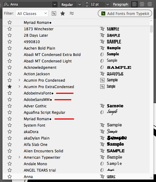 How to remove missing fonts from font list in illustrator