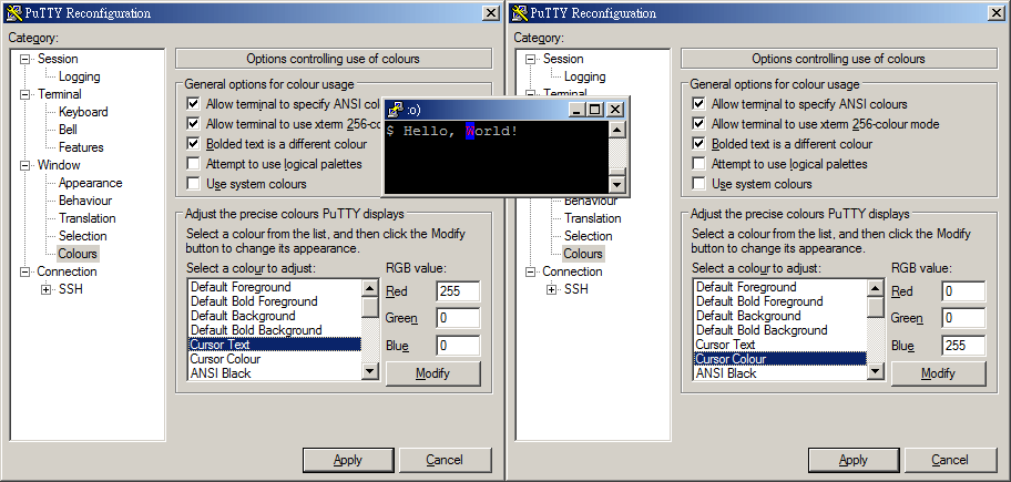 color theme Cursor text doesn't change in PuTTY Super User