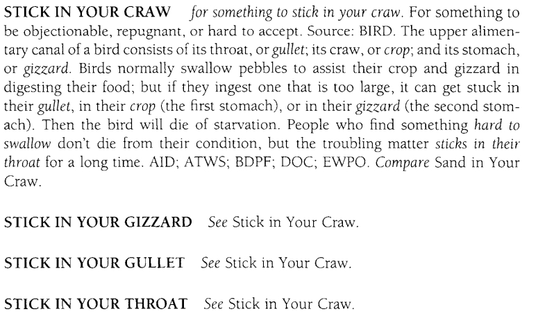 phrases Meaning and usage of "stuck in the craw" English Language