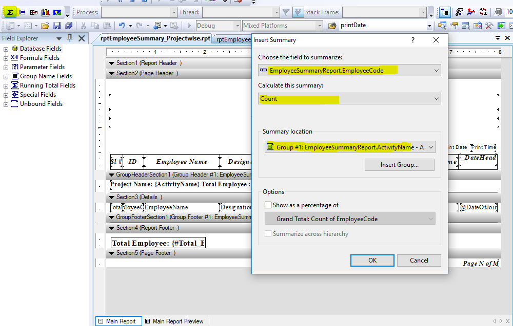 How to write count formula in crystal reports Crystal reports