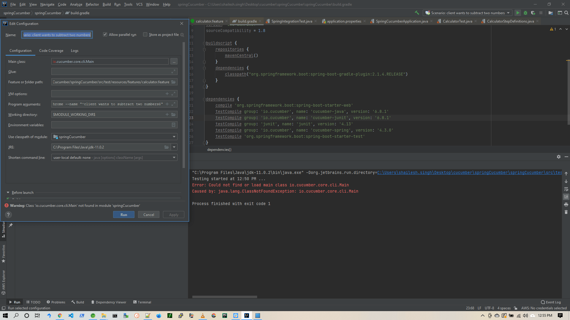 gradle Could not find or load main class io.cucumber.core.cli.Main in