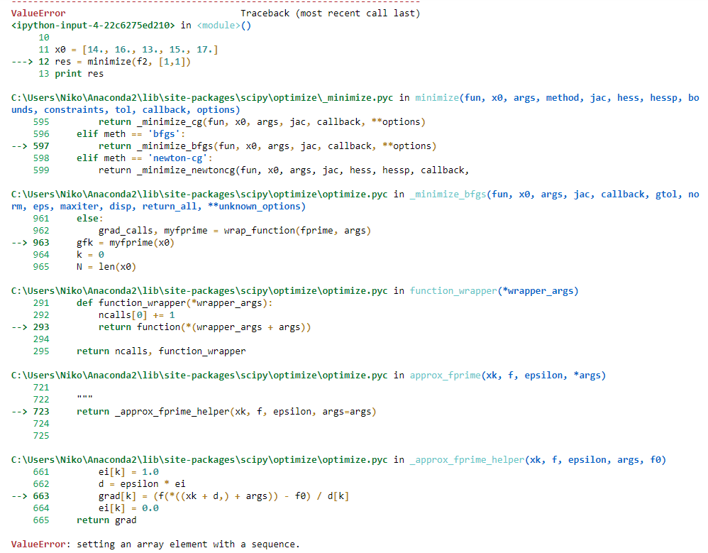 python Почему выдается ошибка "ValueError setting an array element