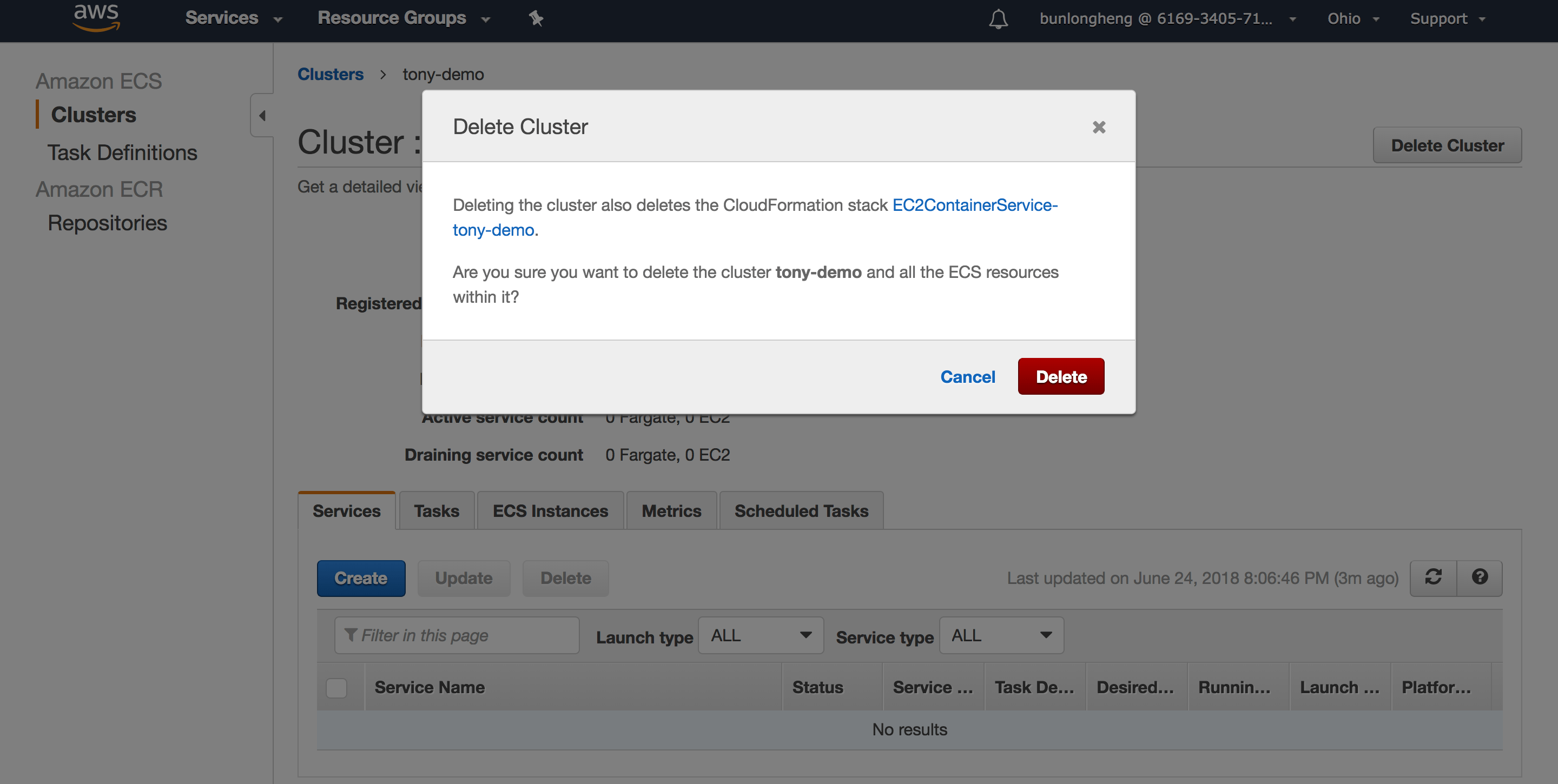 Can't Remove Amazon ECS Cluster Stack Overflow