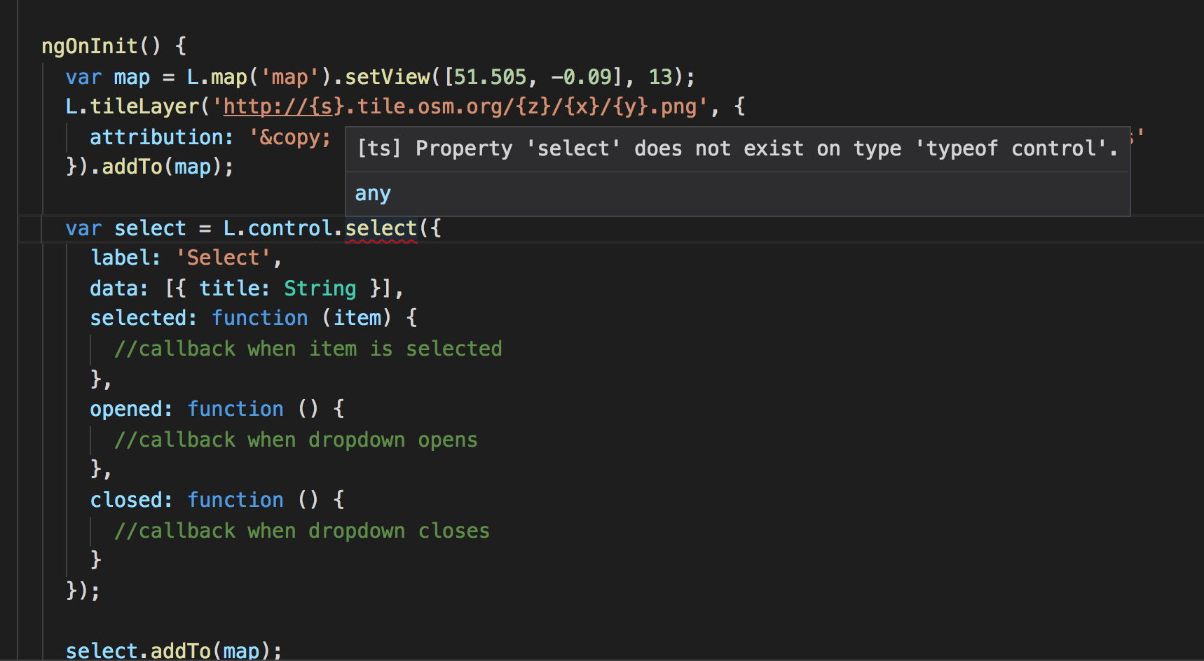 leaflet Typescript Property select doesn't exist on typeof control