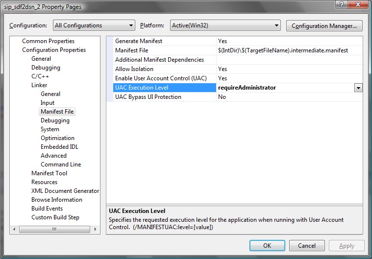 c++ How to run application with Admin privileges using Manifest file