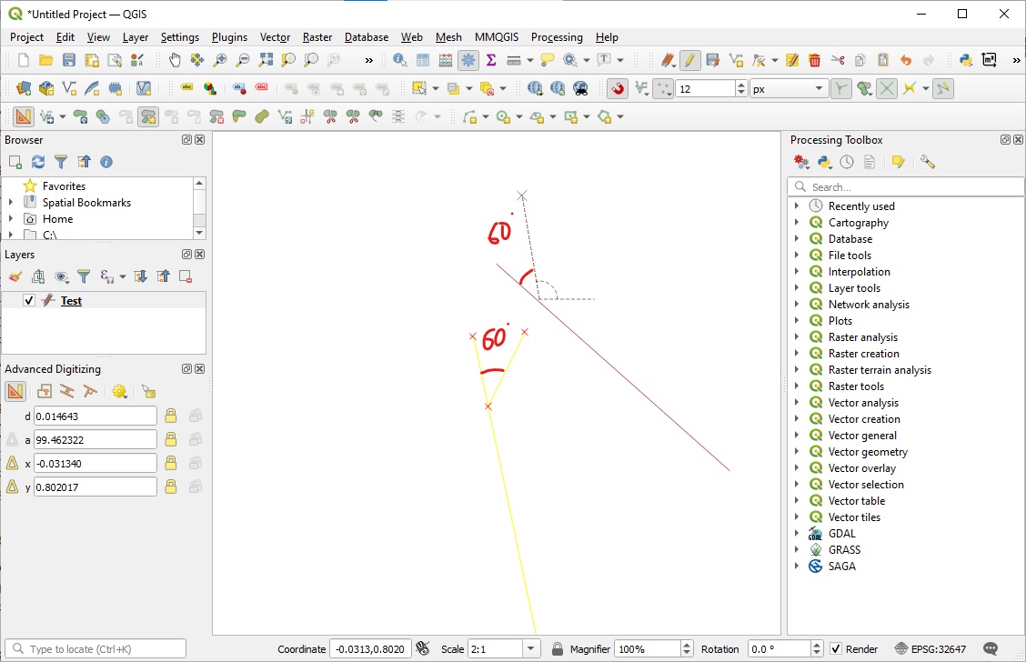 QGIS Advanced Digitizing on drawing new feature with 60 degree angle Geographic Information