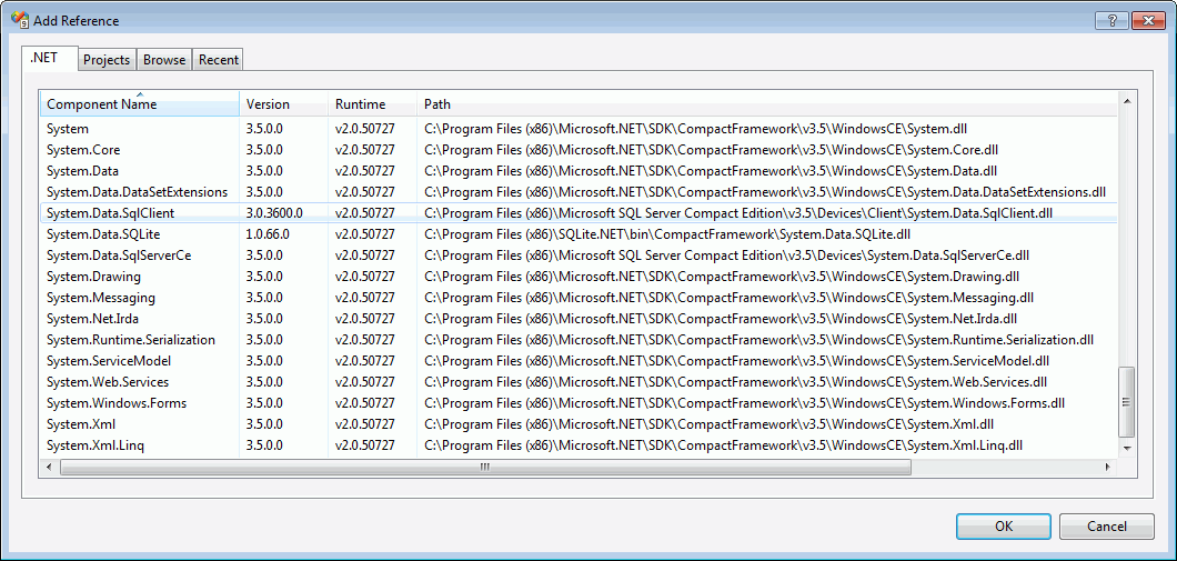 3.5 Missing Data.SqlClient namespace in SmartDevice project