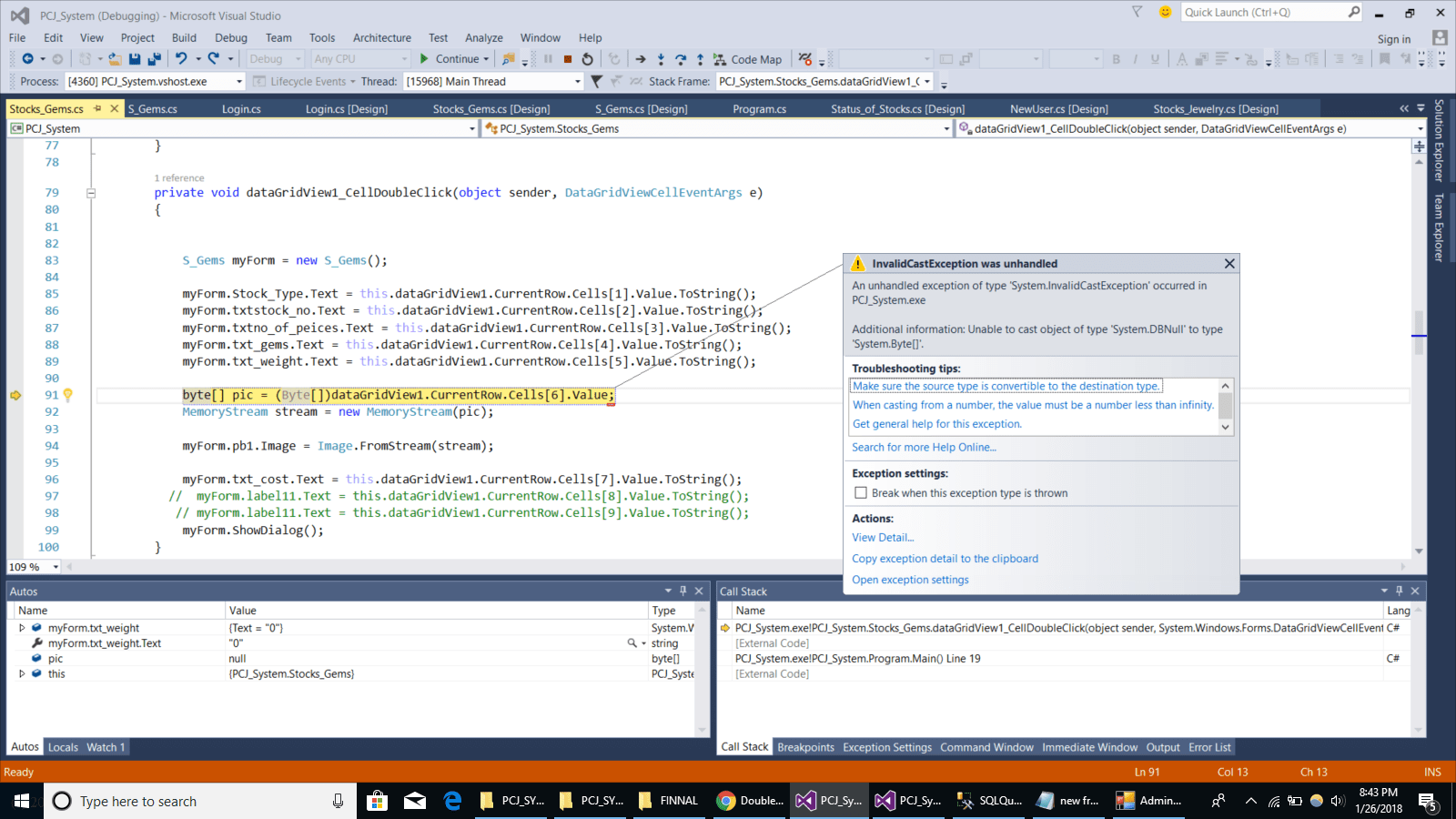 c Double clicking the cell error "Unable to cast object of type