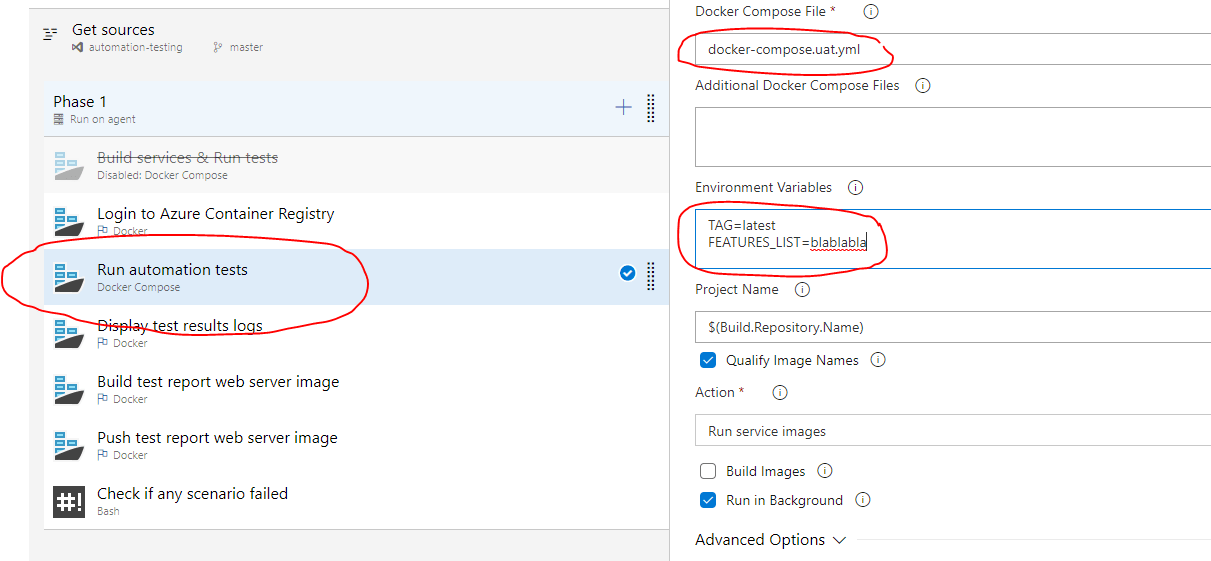 java Azure build pipeline, docker compose set
