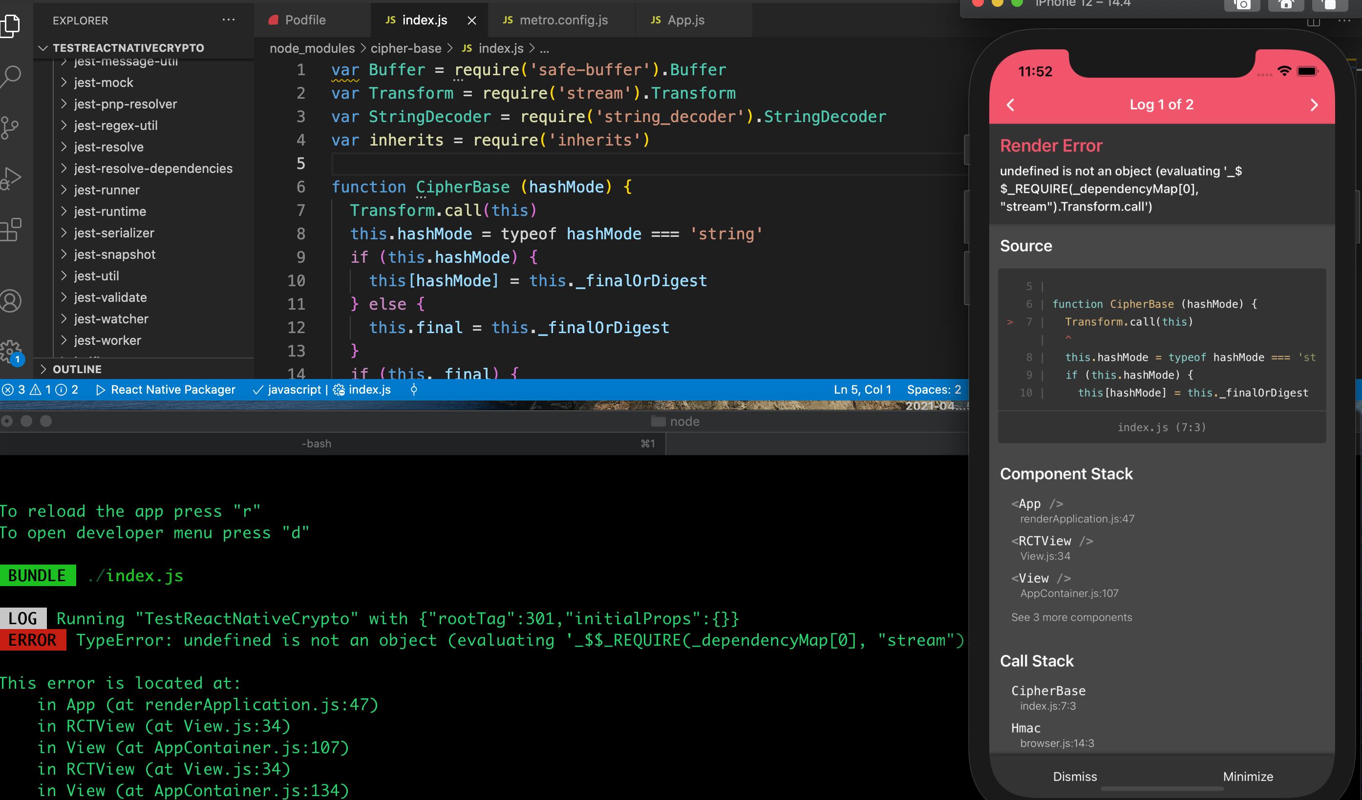 node.js React native crypto stream module is undefined