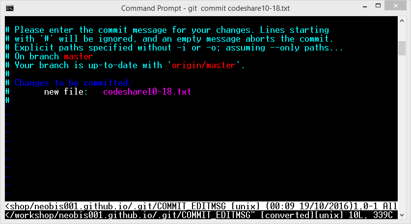 How do I get out of a bluetext cmd screen after running 'git commit