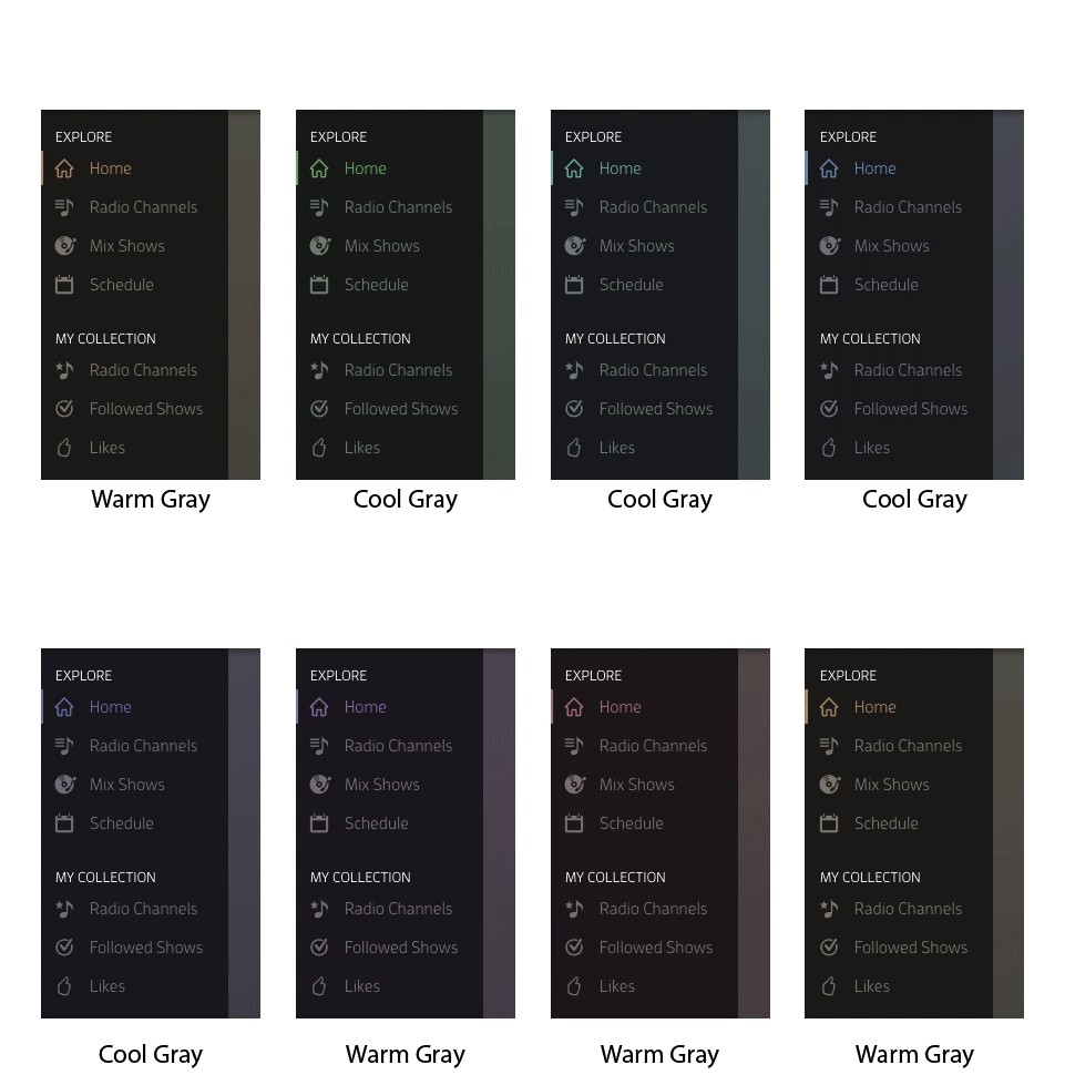 Dark UI Design Why tint the dark gray colors with a different (primary