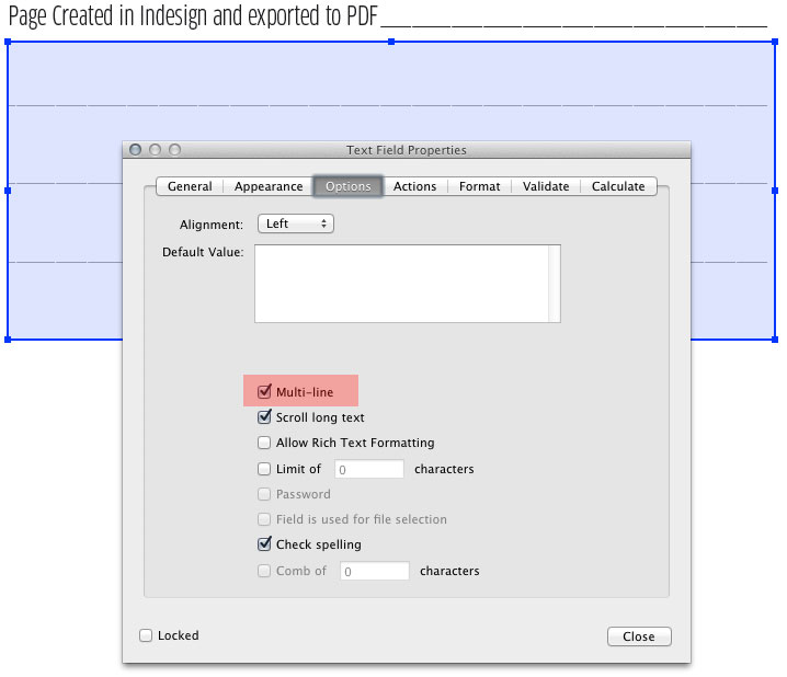 adobe pdf form multi line text field line spacing