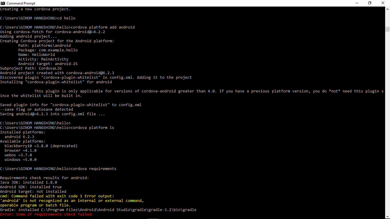 apk cordova requirements android target not installed cmd Command