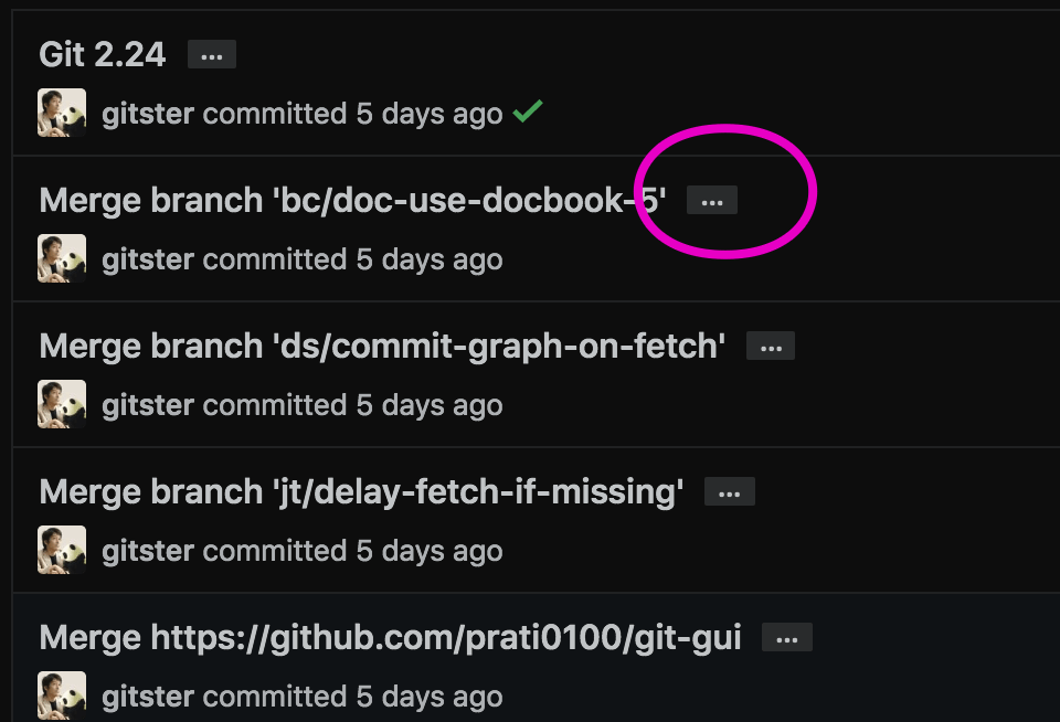 github "More content" indicator for commit messages in git log