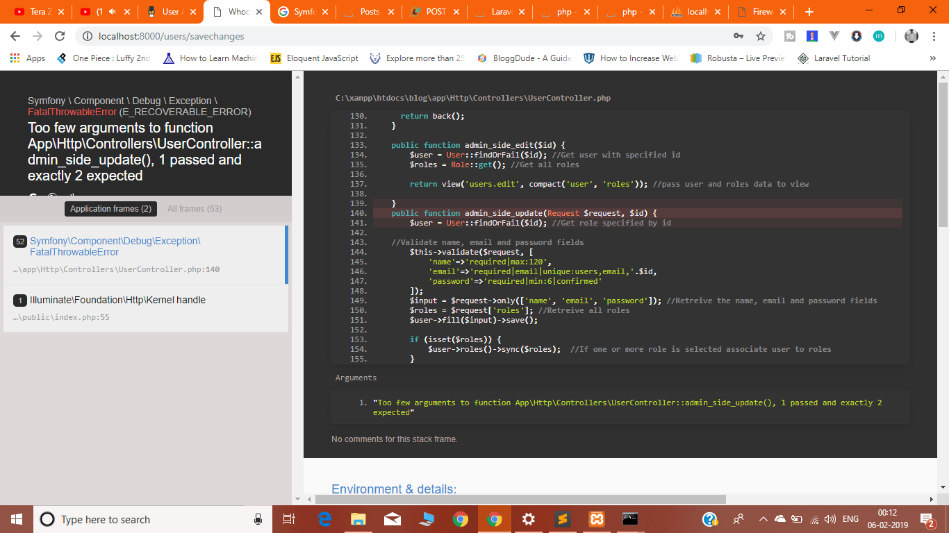 Laravel Laravel showing error Too few arguments to function App\Http