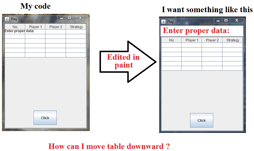 swing How can I move a table downward in Java? Stack Overflow