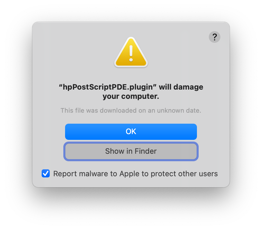 macbook pro Printing warning “hpPostScriptPDE.plugin” will damage