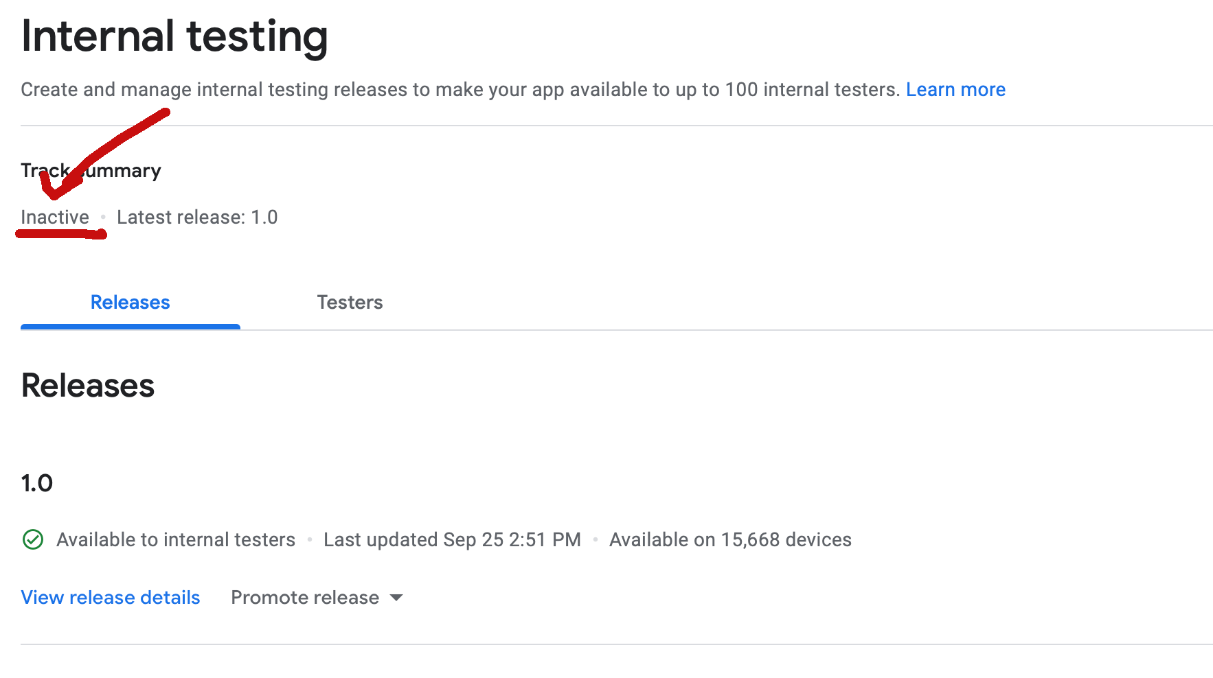android Internal test track set as inactive on Google Play Console