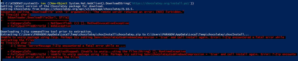 windows Network error using Chocolatey to install programs Stack