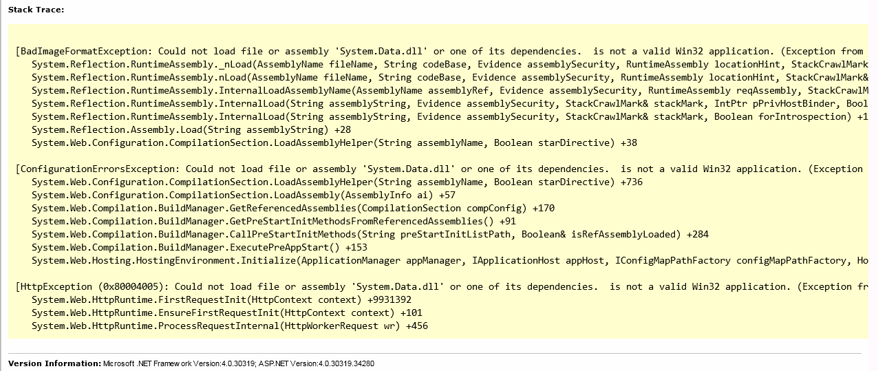 Could not load file or assembly 'System.Data.dll' or one of its dependencies. is not a valid