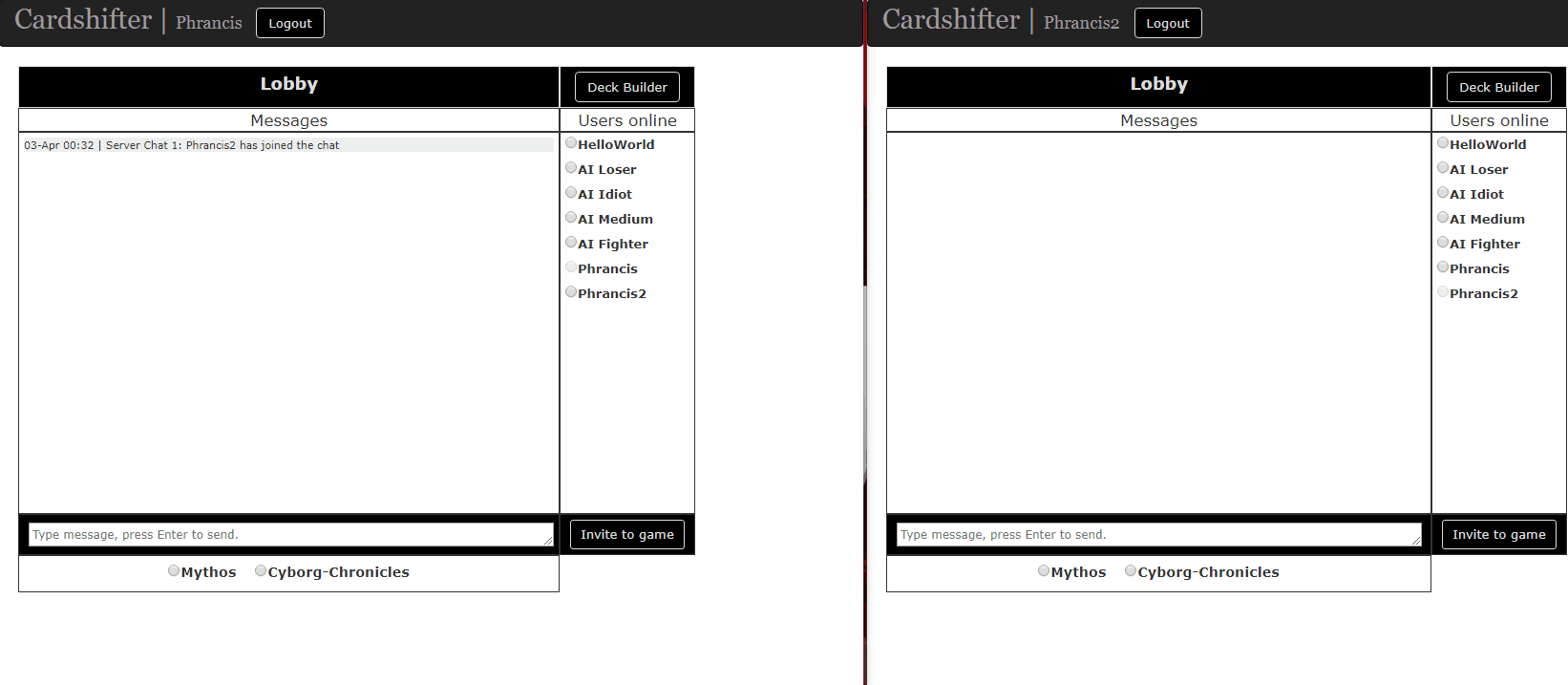 javascript Cardshifter chat lobby using vanilla JS