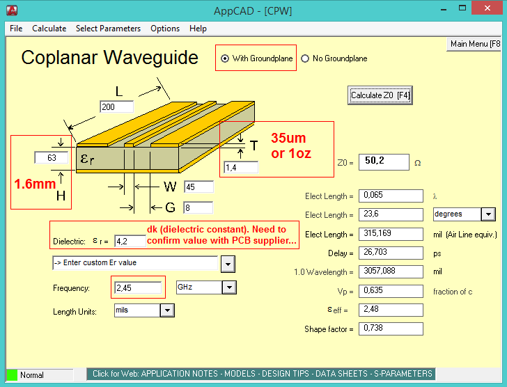 Design of 50 ohms RF trace for 2.4GHz...Double layer FR4 PCB