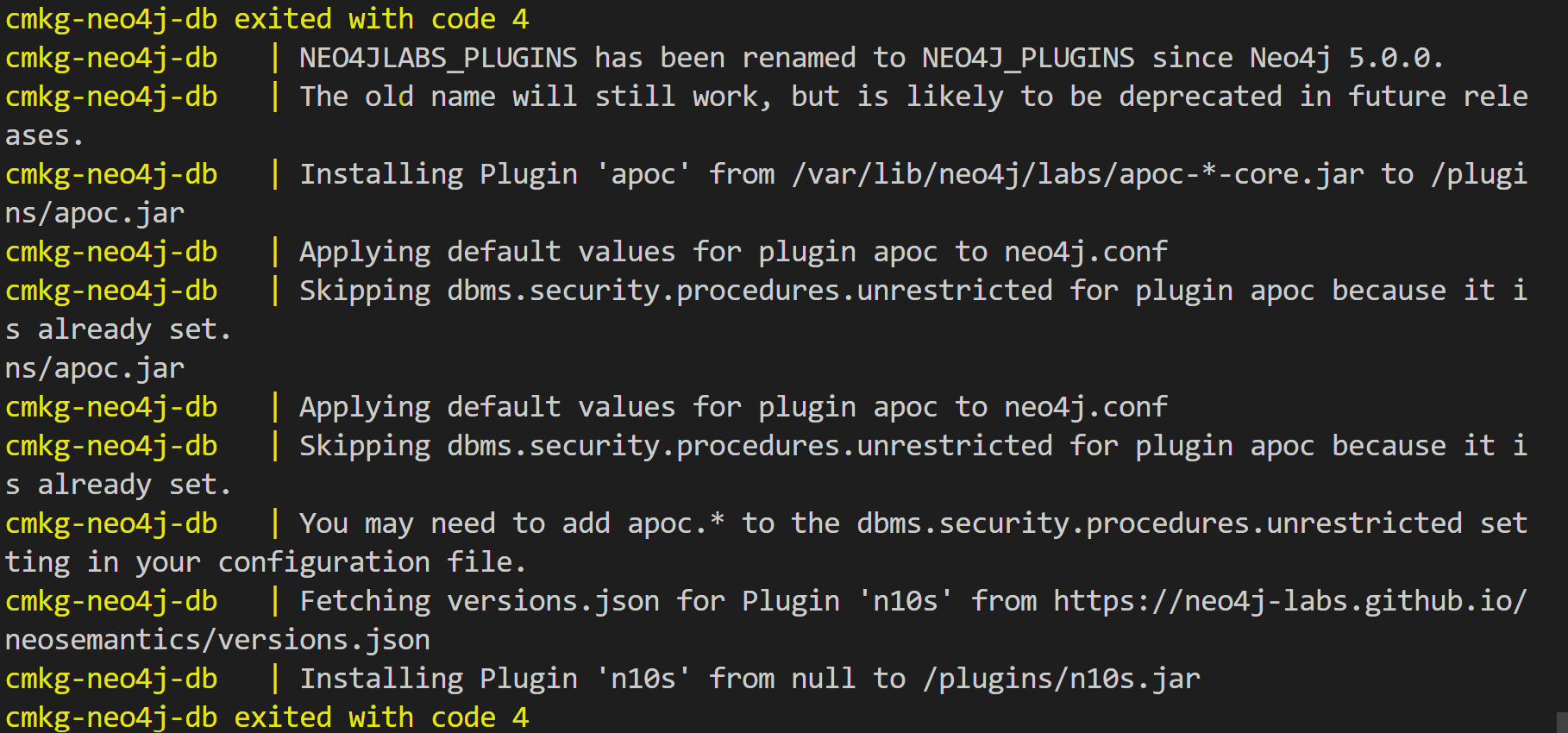 Docker unable to run neo4j (exited with code 4) Stack Overflow