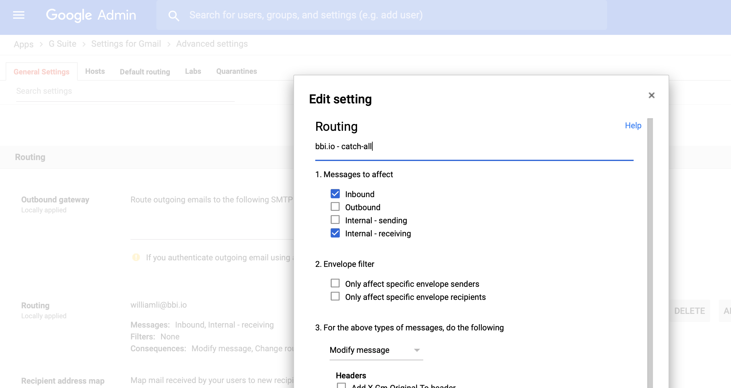 google workspace G Suite Gmail Default Routing vs Routing Stack