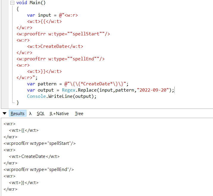 c Regex pattern "\{\{*Tag*\}\}" can't replace xml string Stack