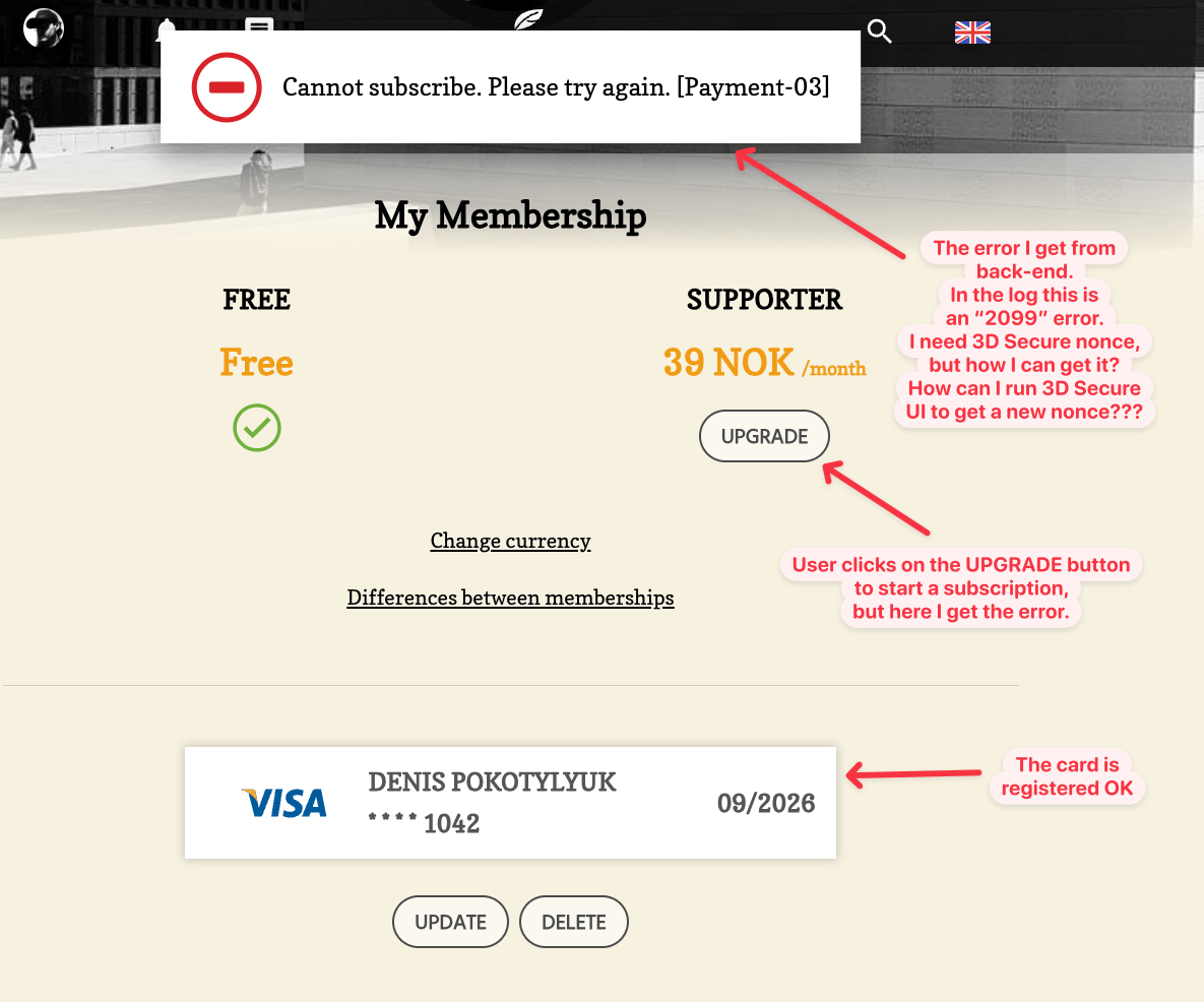Creating a new subscription in Braintree reqires 3D Secure check. How