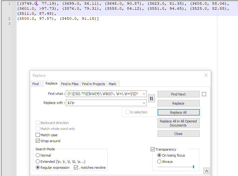 How to use notepad++ to Extract 4 digit numbers from a string of
