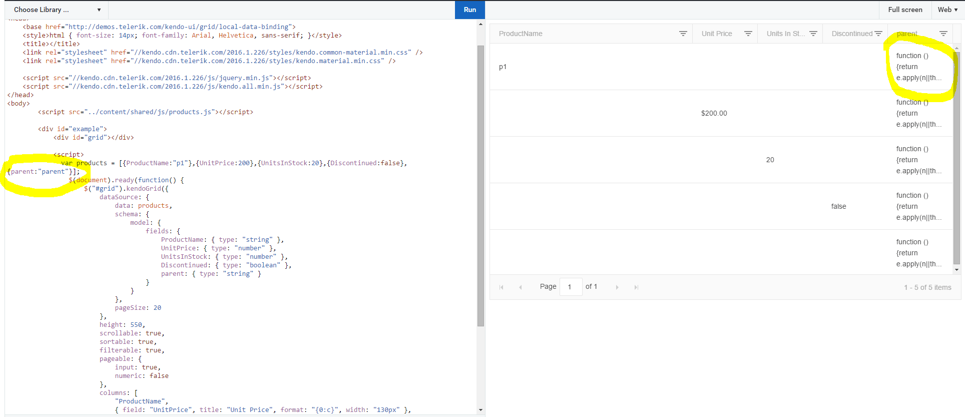 javascript Kendo grid showing function body in column value Stack