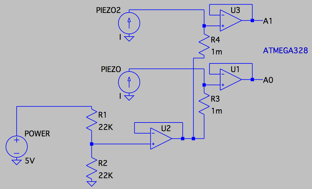 arduino Piezo into 05v ADC, with offset center voltage