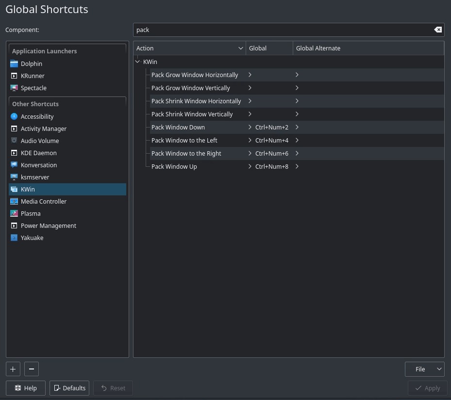 KDE How to set shortcut for Pack Window > Corner / Center Unix