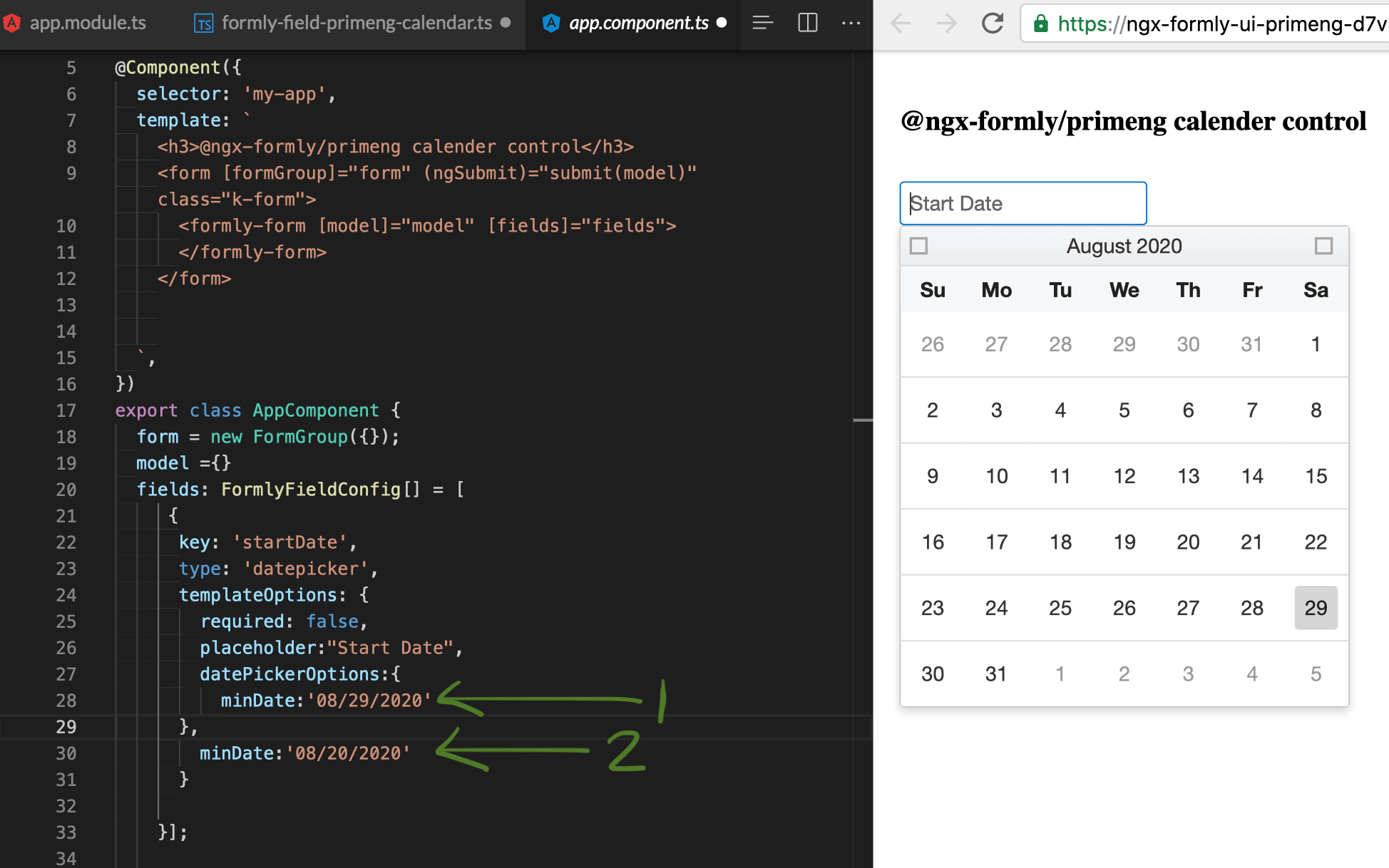 javascript Formly, primeng not able to set value of mindate