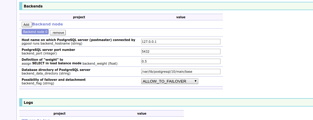 pgpool connection to postgresql status "The node is in operation