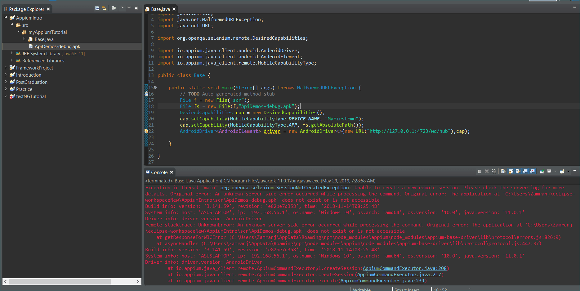 The application at does not exist or is not accessible using Appium