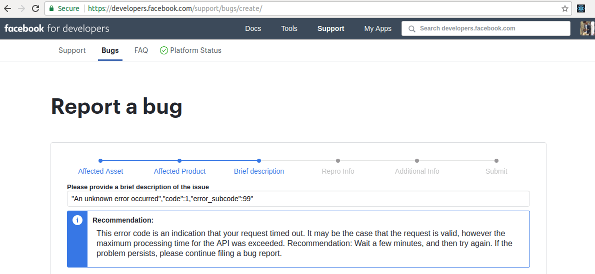 facebook graph api FB API "100 continue" & "500 Internal