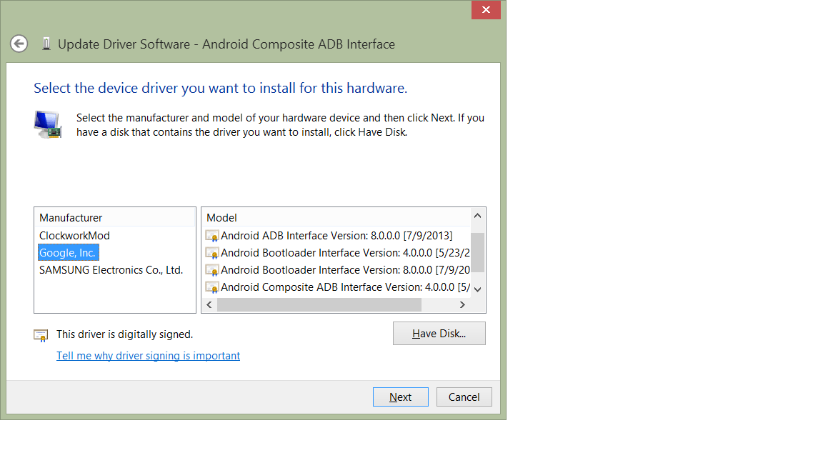 which version of adb interface for android "nexus 7" 2013
