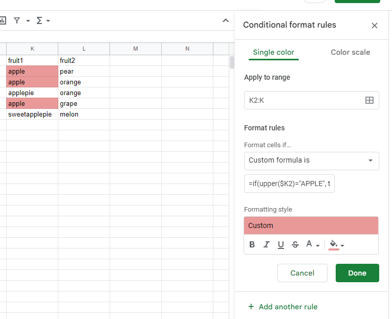 formatting Formula if Cell Contains x but Not y in Google Sheets