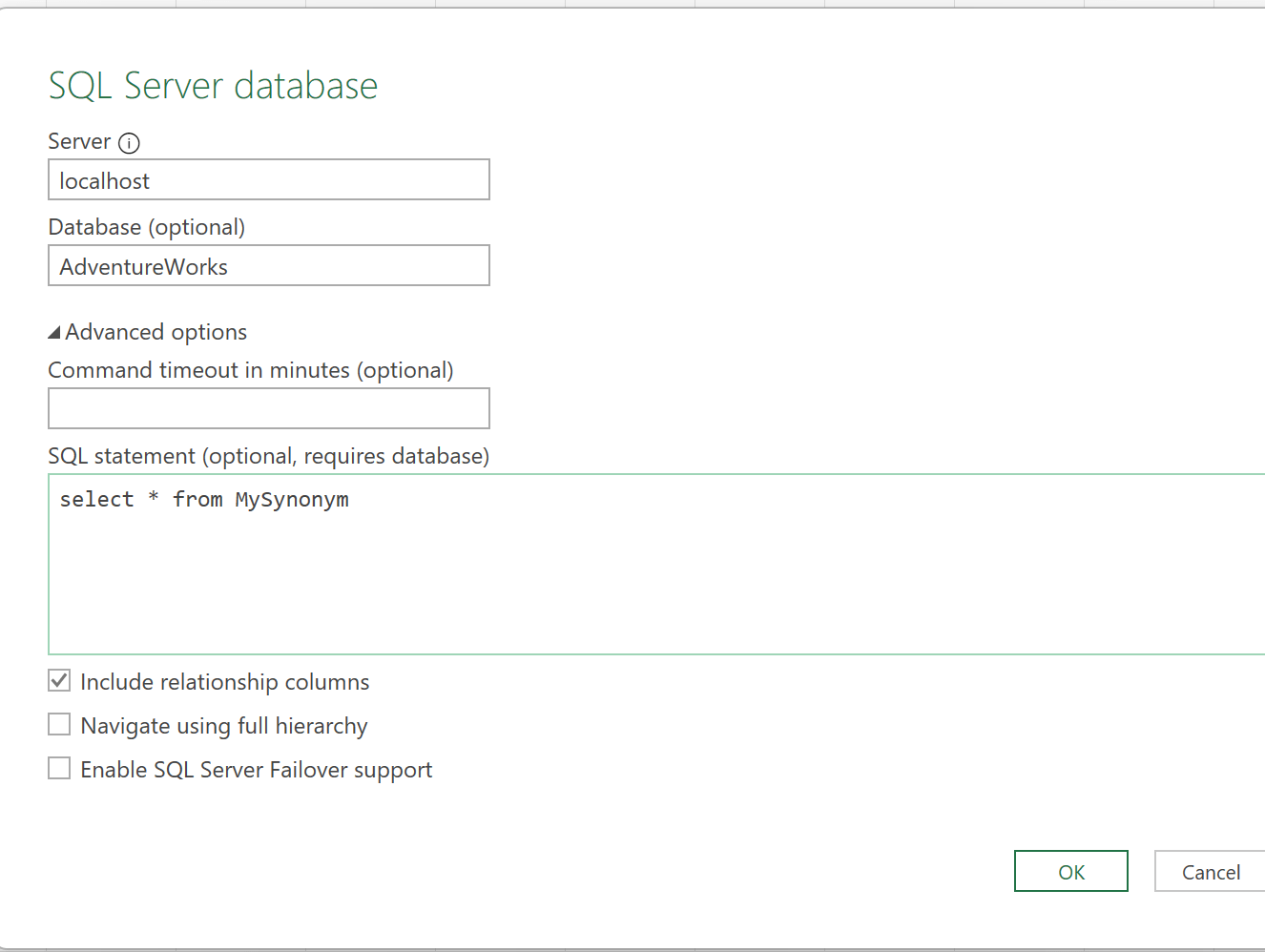 SQL Server export data from synonyms table to excel Database