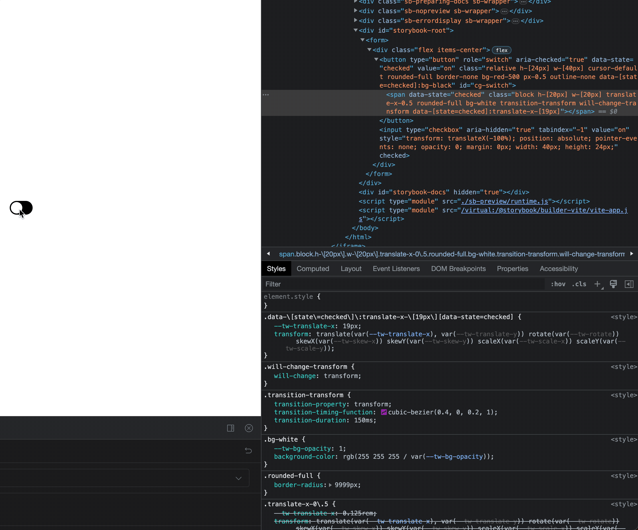 tailwind css Thumb component within Radix's Switch component not