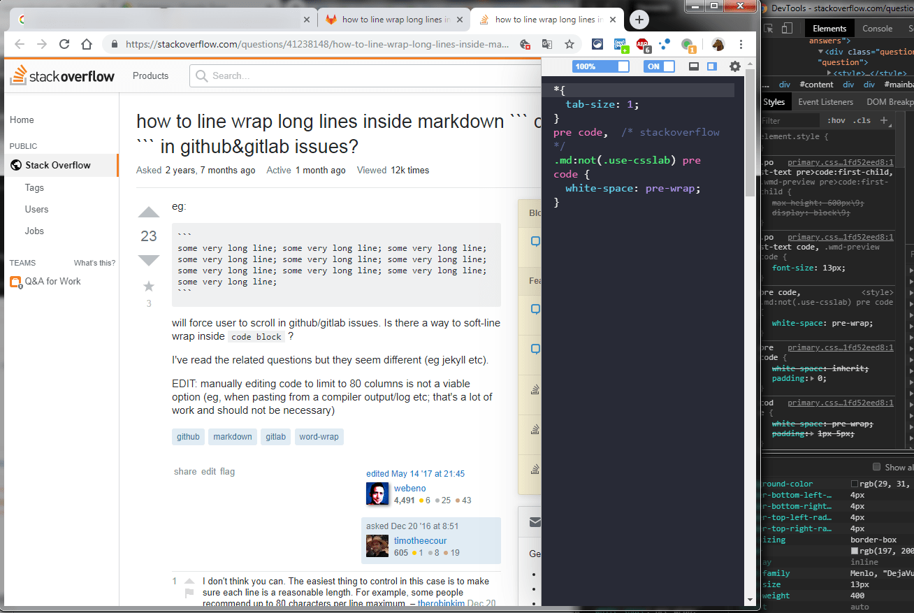 How to wrap long lines inside of markdown ``` code ``` in Github and