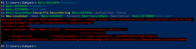 powershell Can not convert String to Secure String for use in New