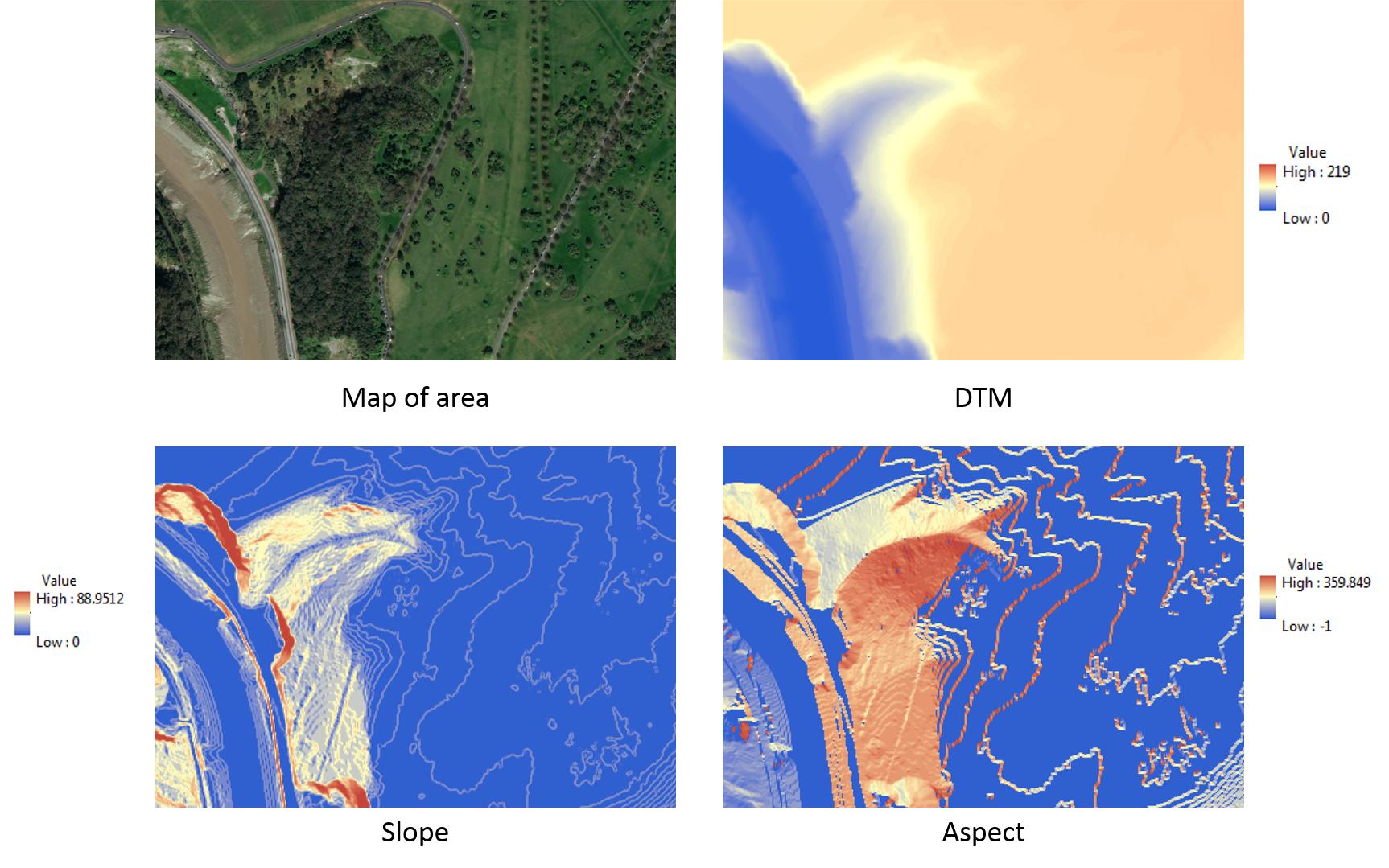 dem Calculating slope and aspect from DTM lidar elevation data in