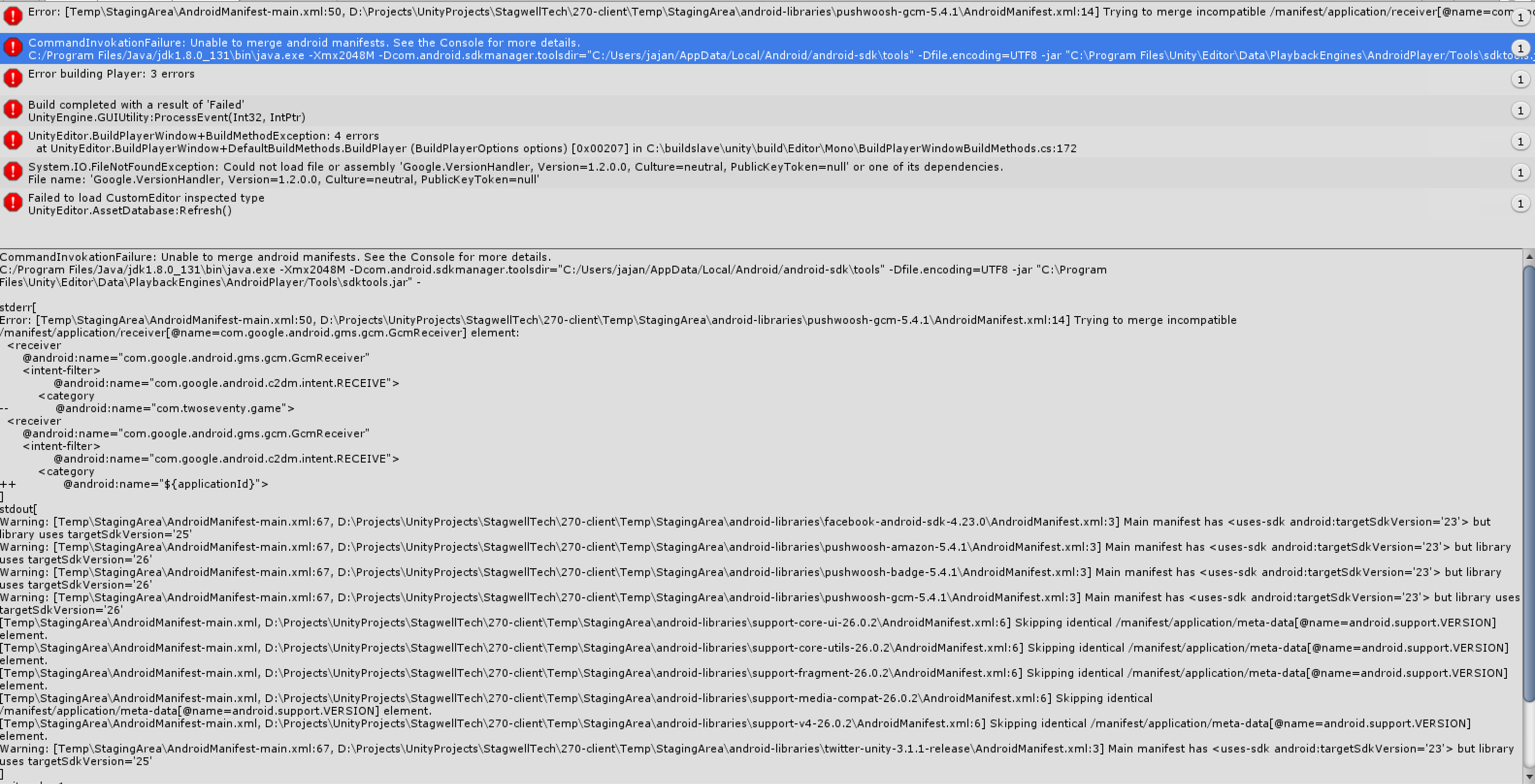 xml Unity android build unable to merge manifest files Stack Overflow