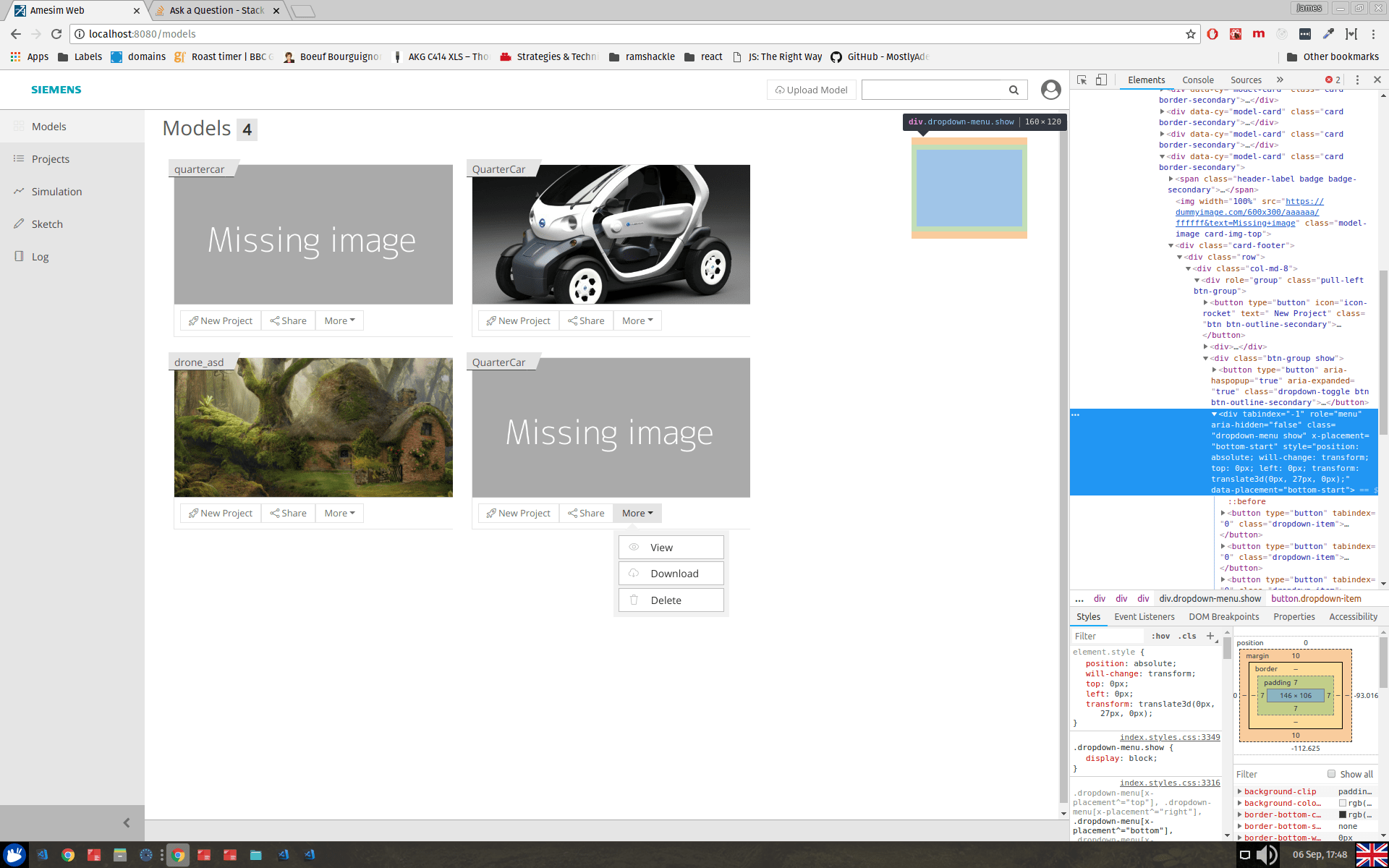 html Bootstrap 4 Dropdown in card breaks across columns? Stack