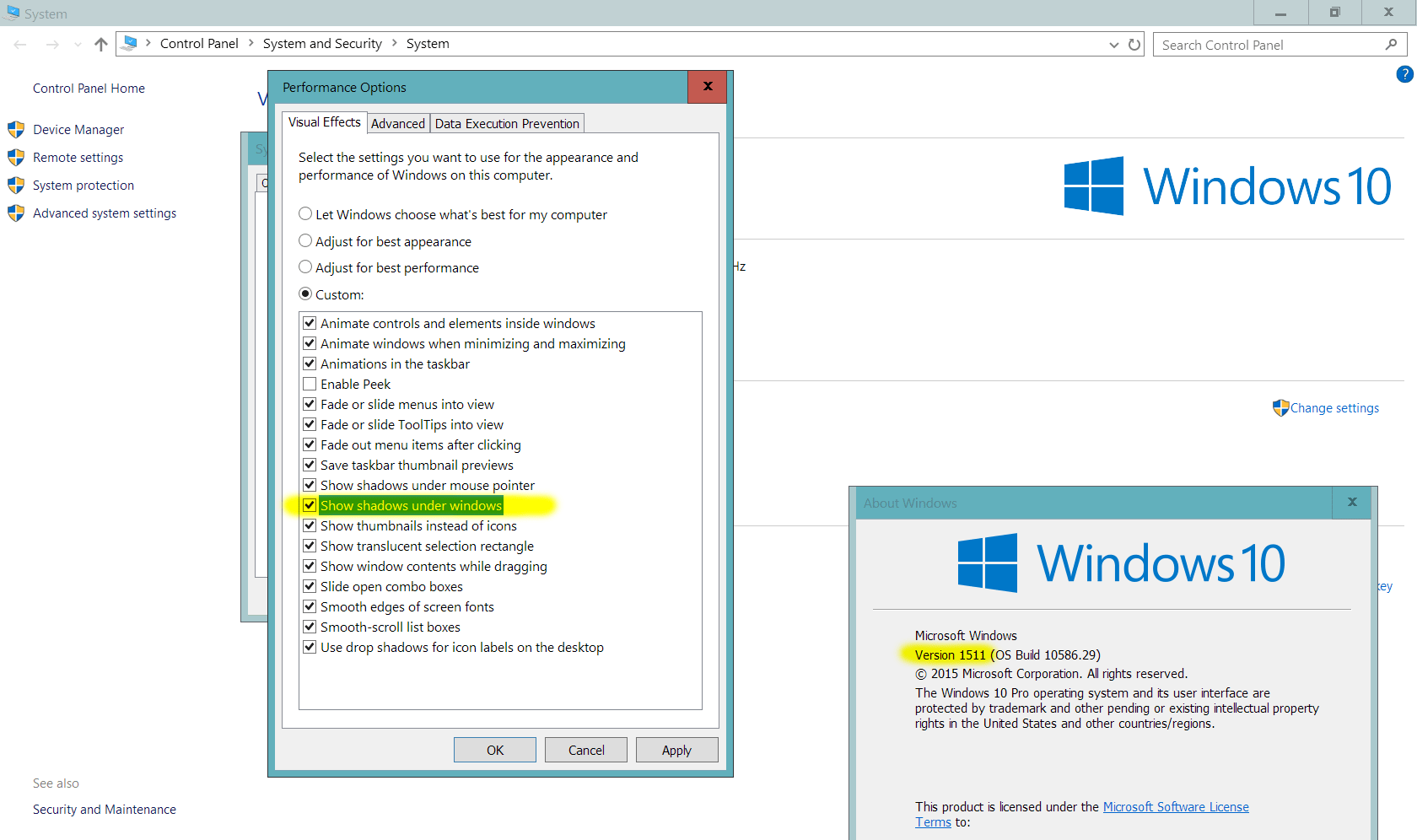 How to enable drop shadows under windows in Windows 10 1511? Super User