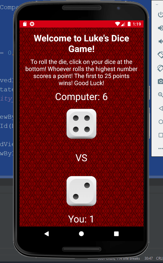 How do I add an Alert Dialog to my Dice Game when a certain score is